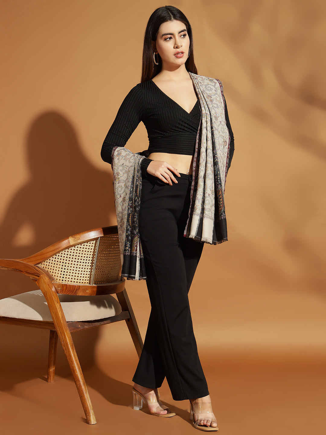 Two Tone Kani Weave Floral Motif Pure Wool Shawl For Women | Black Beige