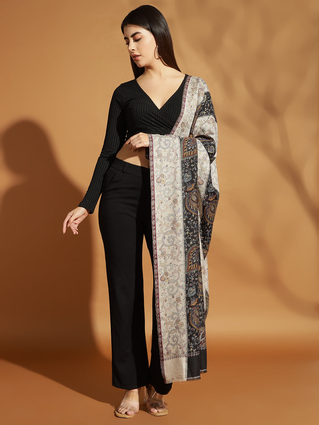 Two Tone Kani Weave Floral Motif Pure Wool Shawl For Women | Black Beige