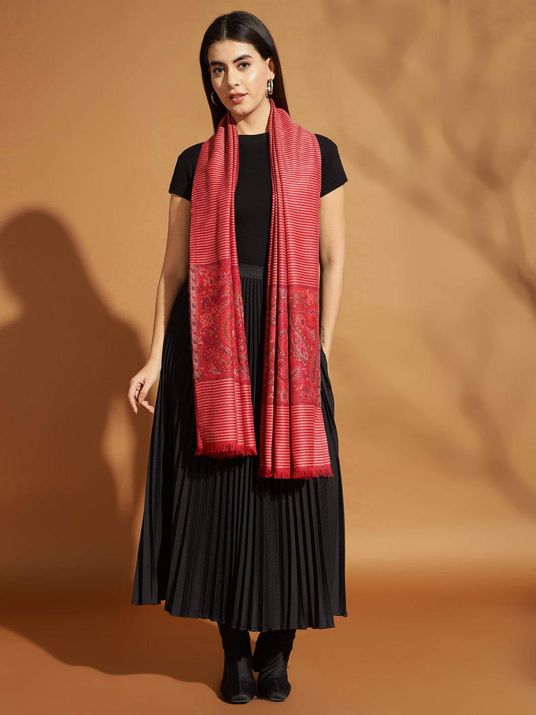 Kani Weave Striped Pure Wool Shawl Paisley Borders for Women | Maroon