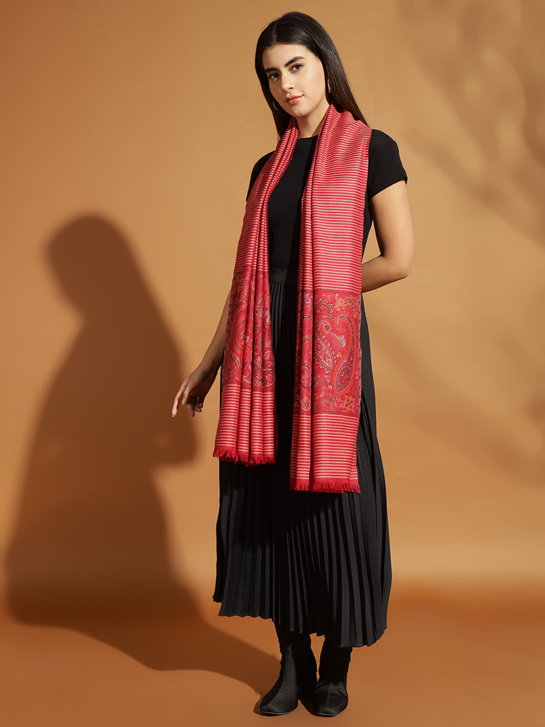 Kani Weave Striped Pure Wool Shawl Paisley Borders for Women | Maroon