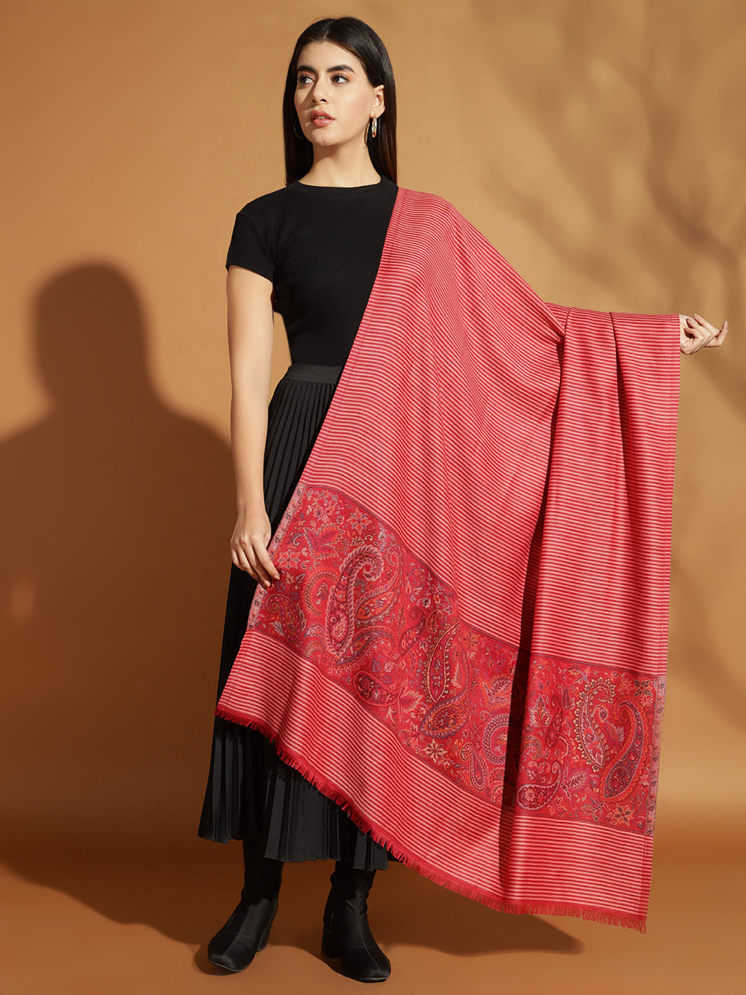 Kani Weave Striped Pure Wool Shawl Paisley Borders for Women | Maroon