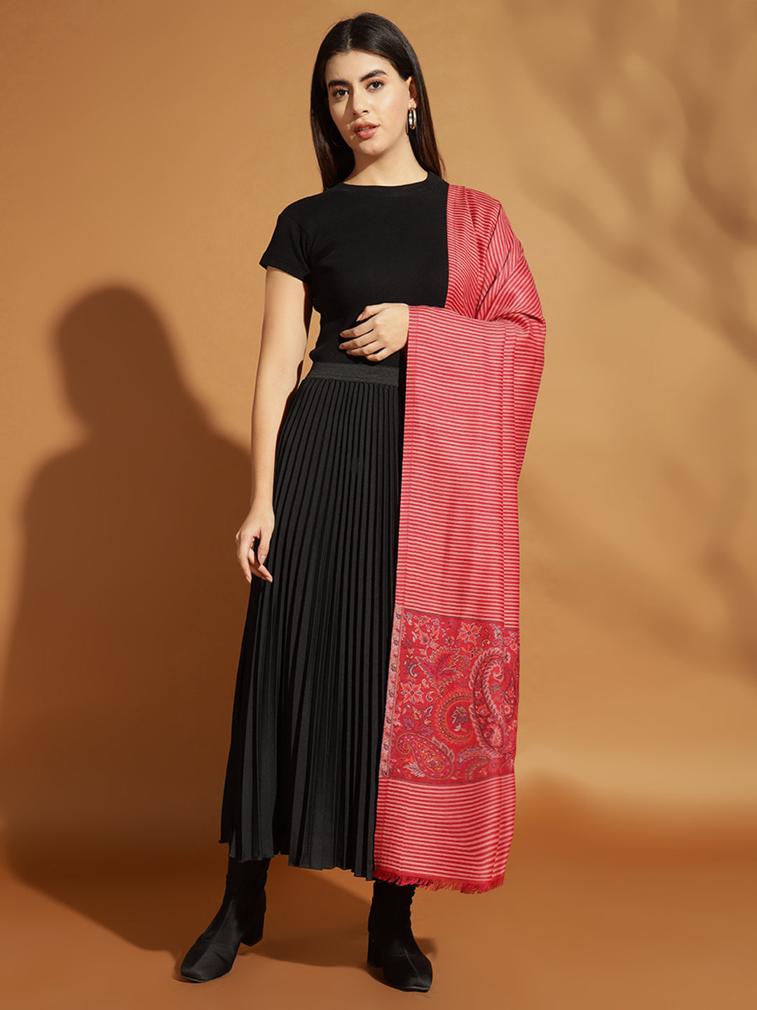 Kani Weave Striped Pure Wool Shawl Paisley Borders for Women | Maroon