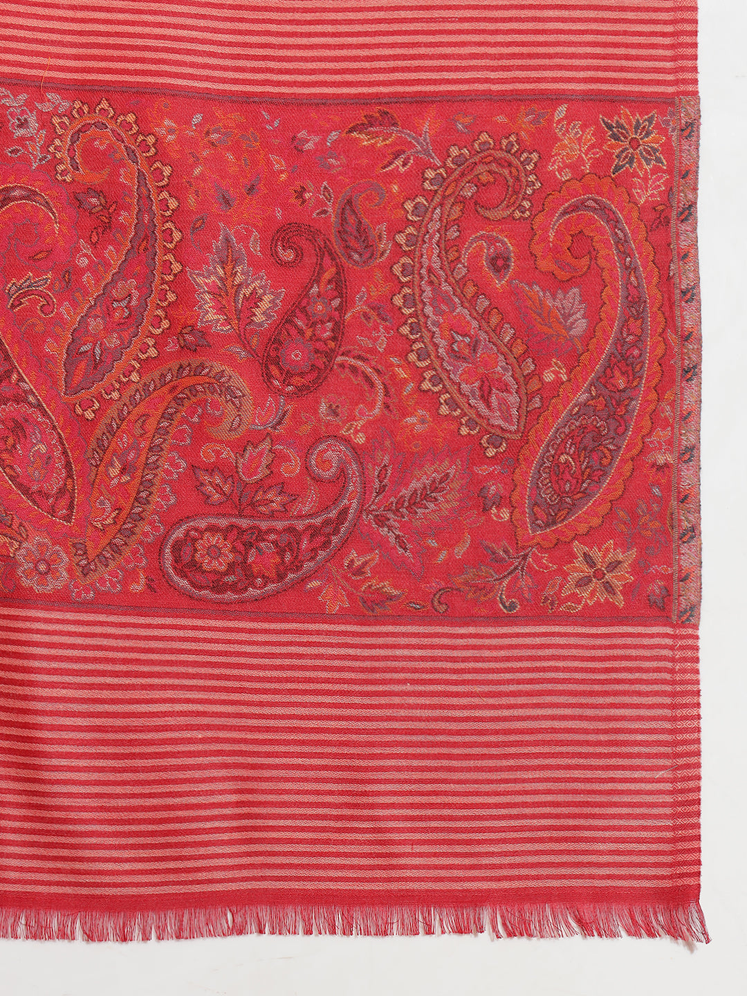 Kani Weave Striped Pure Wool Shawl Paisley Borders for Women | Maroon