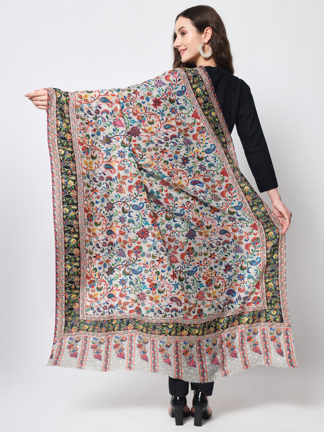 Women Kalamkari Hand Embroidered Pure Wool Winter Shawl | Off White