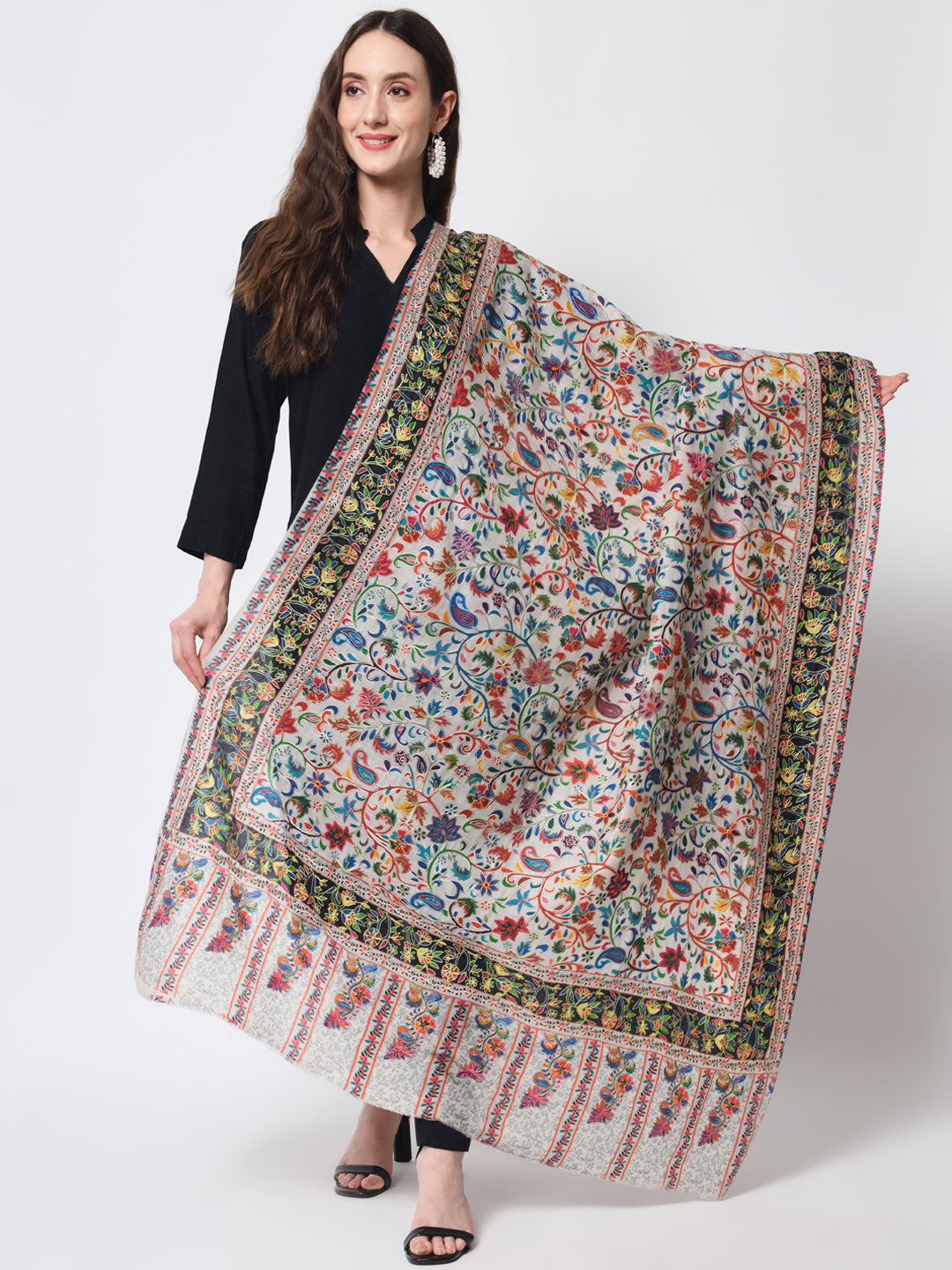Women Kalamkari Hand Embroidered Pure Wool Winter Shawl | Off White