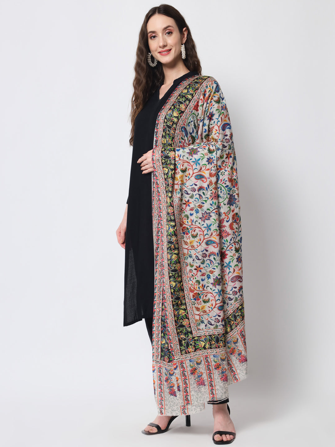 Women Kalamkari Hand Embroidered Pure Wool Winter Shawl | Off White