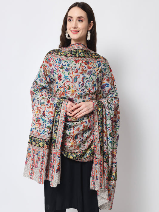Women Kalamkari Hand Embroidered Pure Wool Winter Shawl | Off White