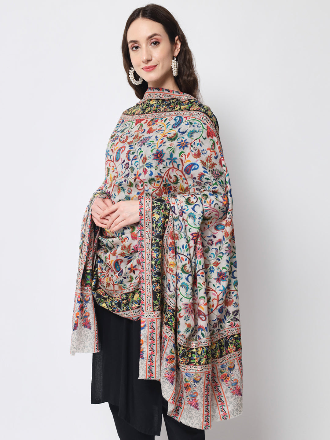 Women Kalamkari Hand Embroidered Pure Wool Winter Shawl | Off White