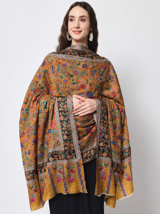 Women Kalamkari Hand Embroidered Pure Wool Winter Shawl | Mustard