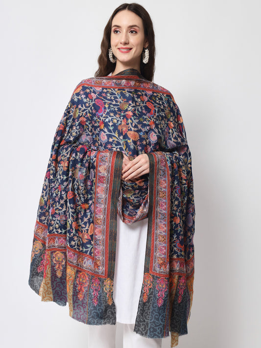 Women Kalamkari Hand Embroidered Pure Wool Winter Shawl | Blue