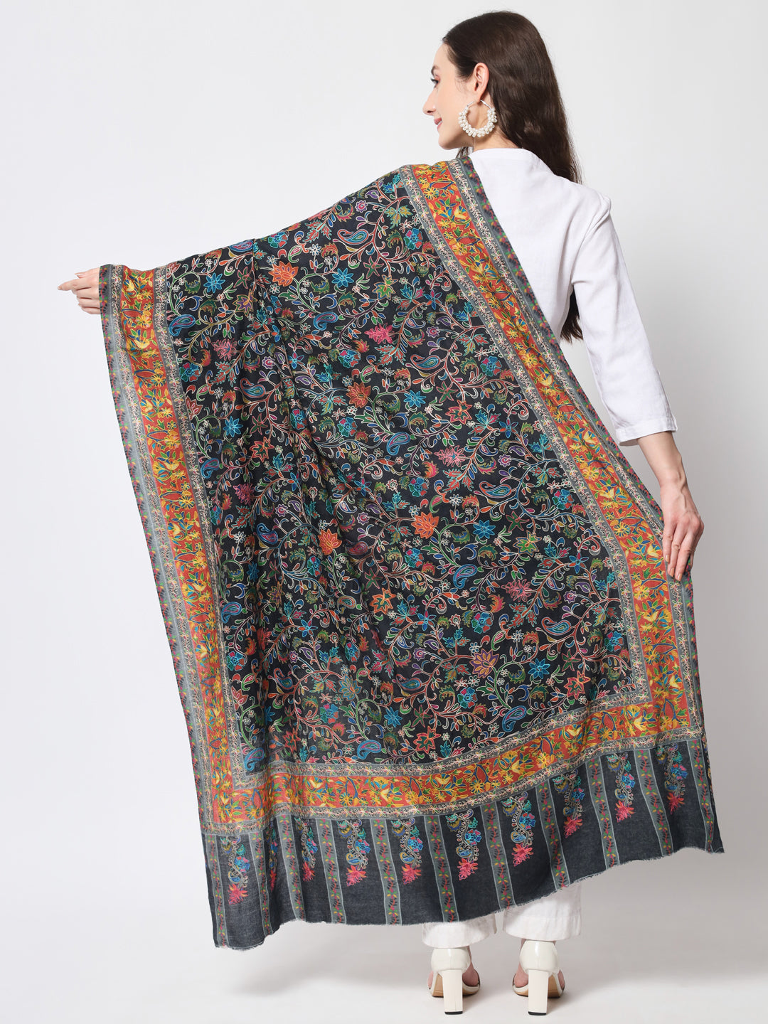 Women Kalamkari Hand Embroidered Pure Wool Winter Shawl | Black