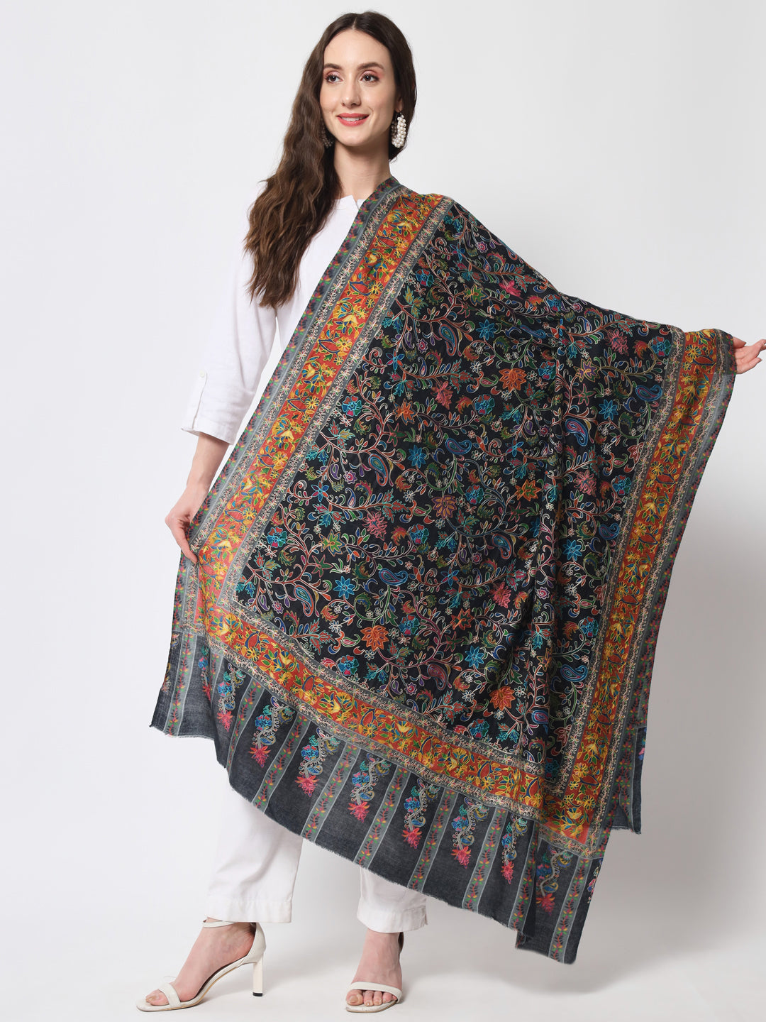 Women Kalamkari Hand Embroidered Pure Wool Winter Shawl | Black