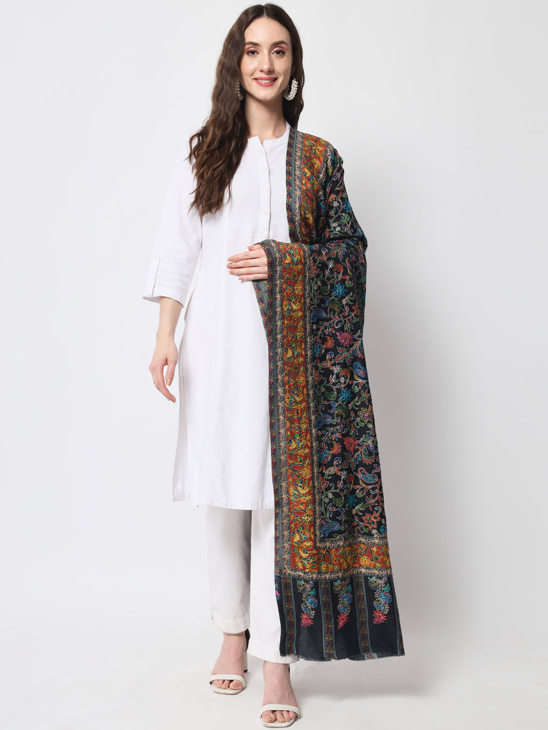 Women Kalamkari Hand Embroidered Pure Wool Winter Shawl | Black