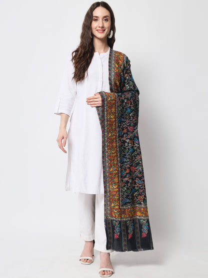 Women Kalamkari Hand Embroidered Pure Wool Winter Shawl | Black