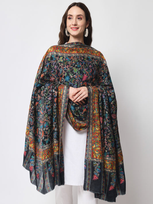 Women Kalamkari Hand Embroidered Pure Wool Winter Shawl | Black
