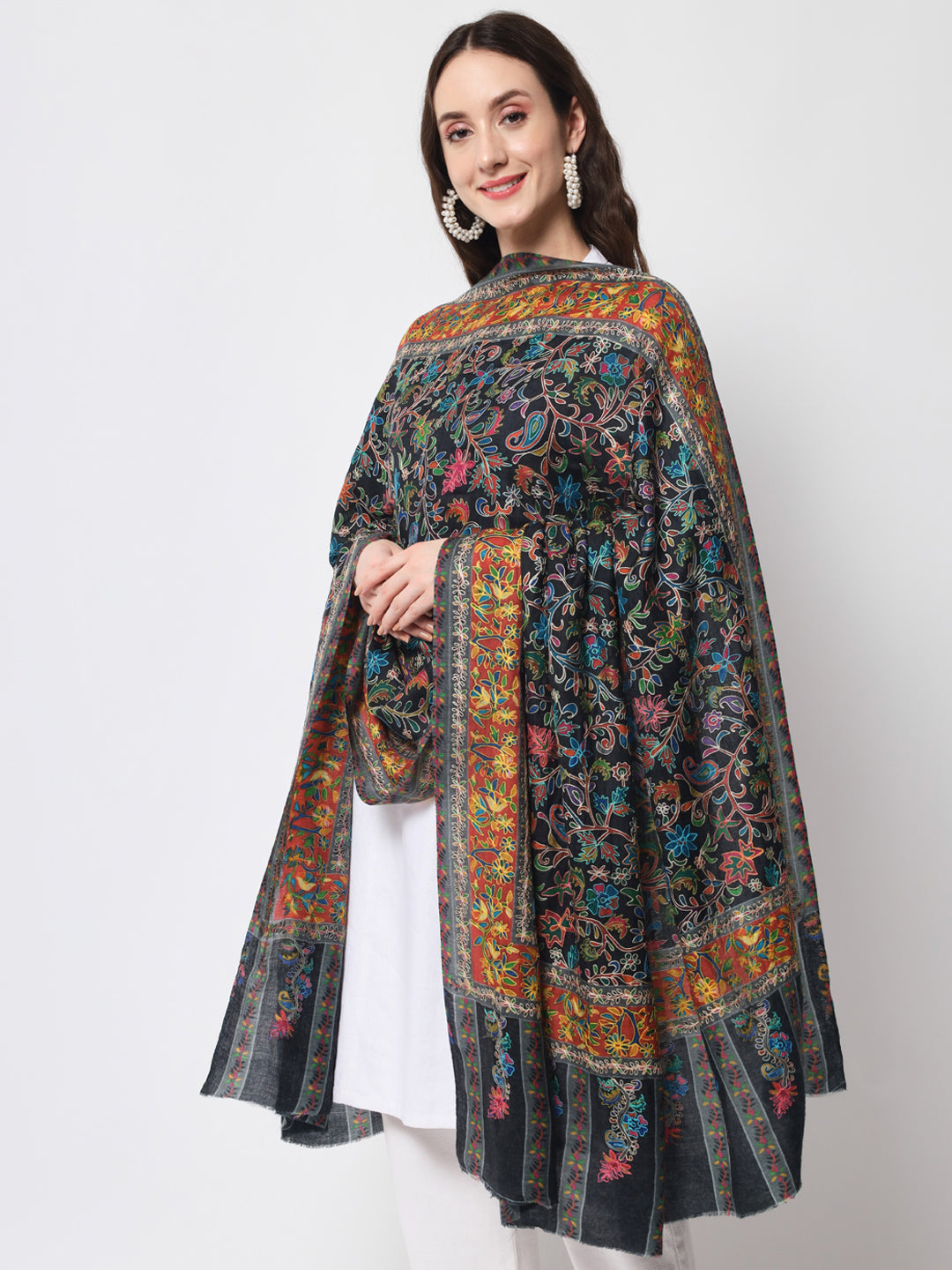 Women Kalamkari Hand Embroidered Pure Wool Winter Shawl | Black
