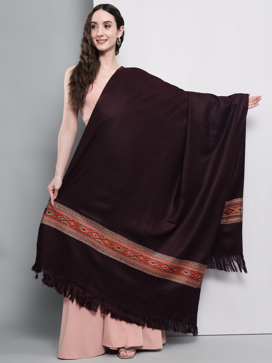 Kullu Himalayan Striped Border Shawl for Women | Wine