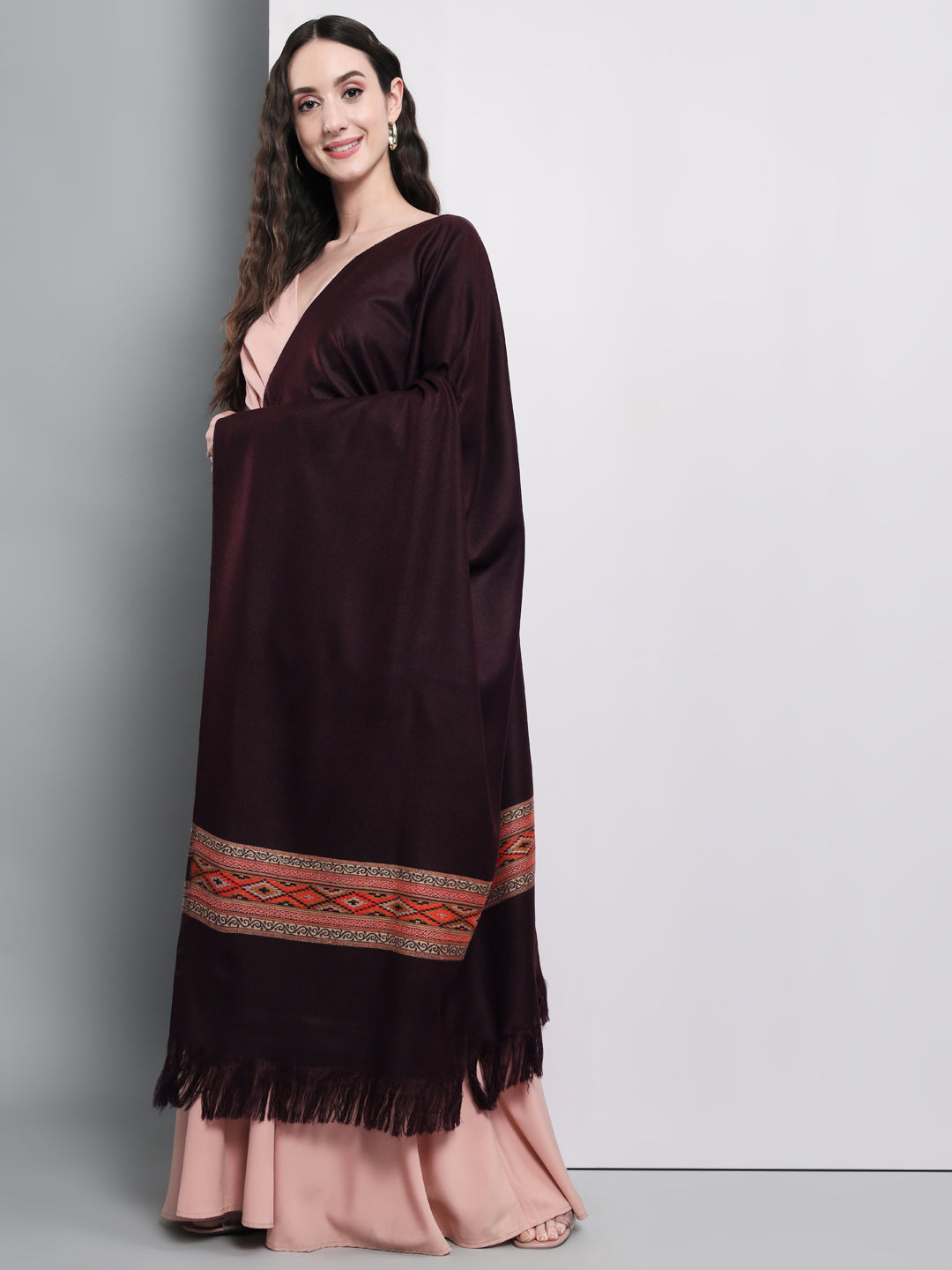 Kullu Himalayan Striped Border Shawl for Women | Wine