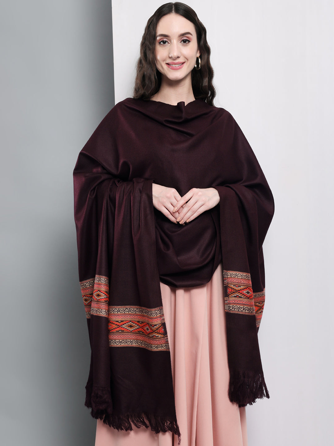Kullu Himalayan Striped Border Shawl for Women | Wine