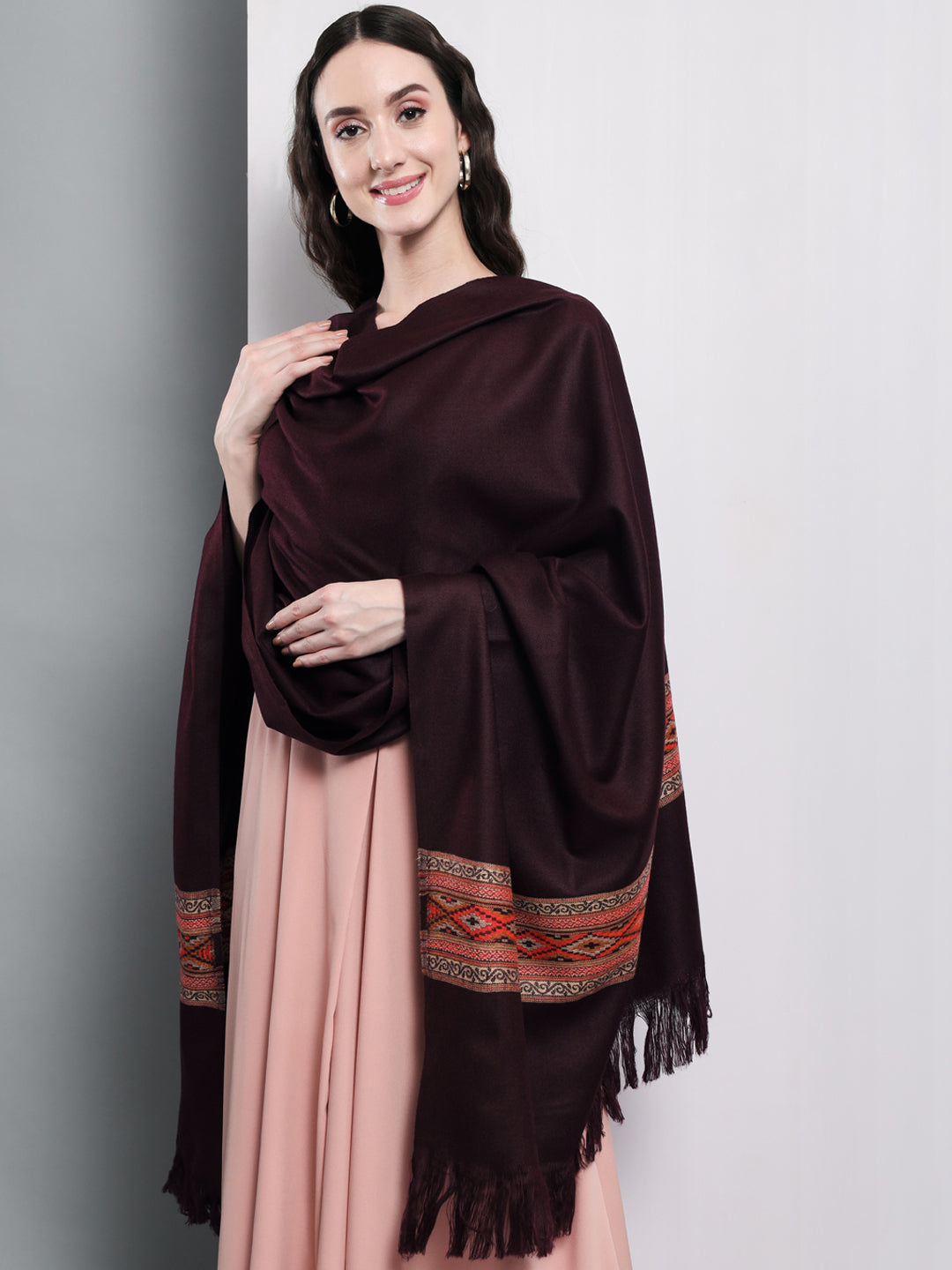 Kullu Himalayan Striped Border Shawl for Women | Wine