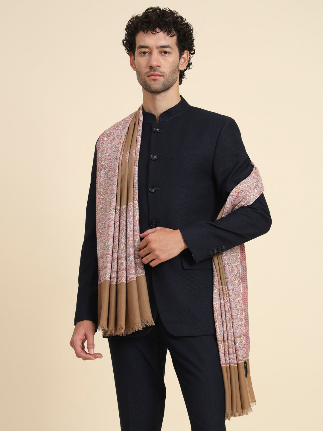 Woven Shawl for Men with Daur Border in Woollen Kashmiri Design | Brown