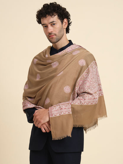Woven Shawl for Men with Daur Border in Woollen Kashmiri Design | Brown