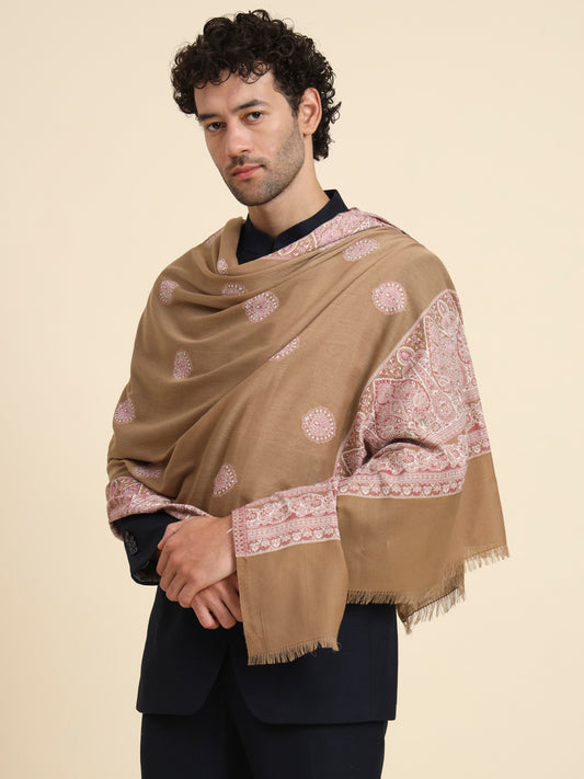 Woven Shawl for Men with Daur Border in Woollen Kashmiri Design | Brown