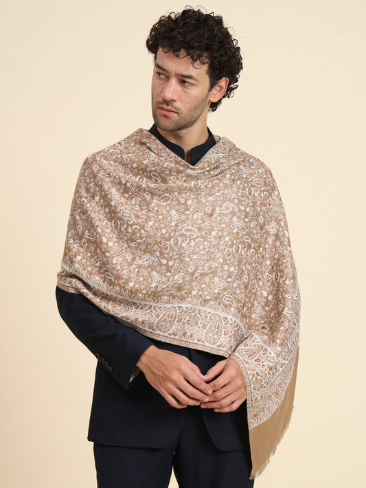 Kani Weave Woven Stole for Men in Paisley Jaal Patterns | Brown