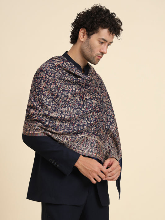 Kani Weave Woven Stole for Men in Paisley Jaal Patterns | Blue