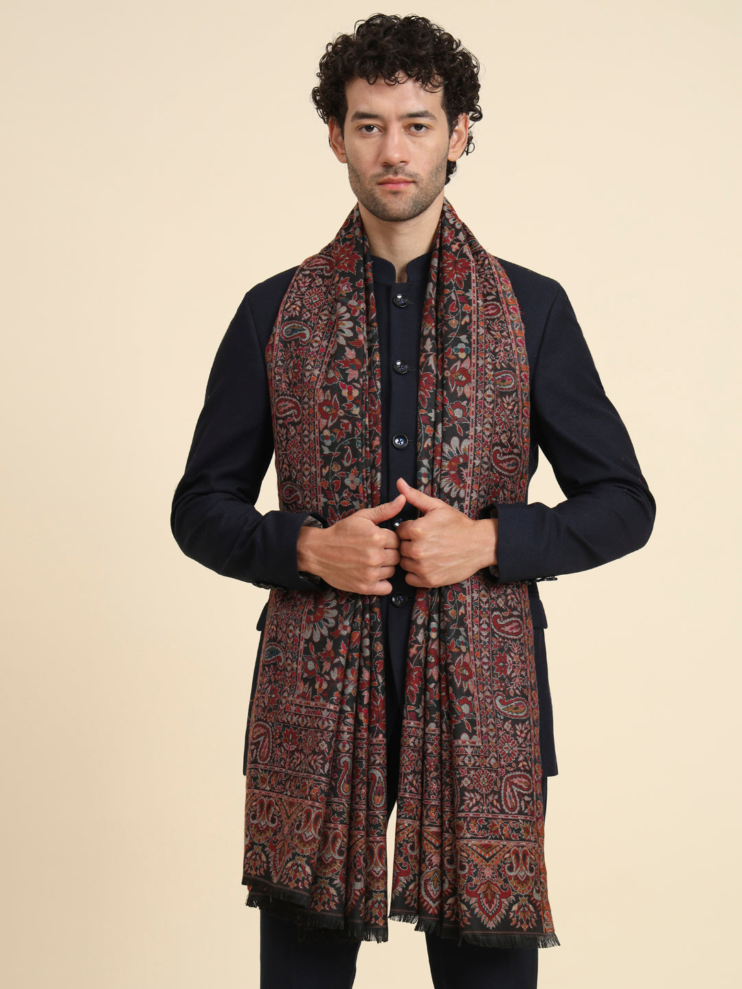 Kani Weave Woven Shawl for Men in Cutting with Floral Patterns | Black
