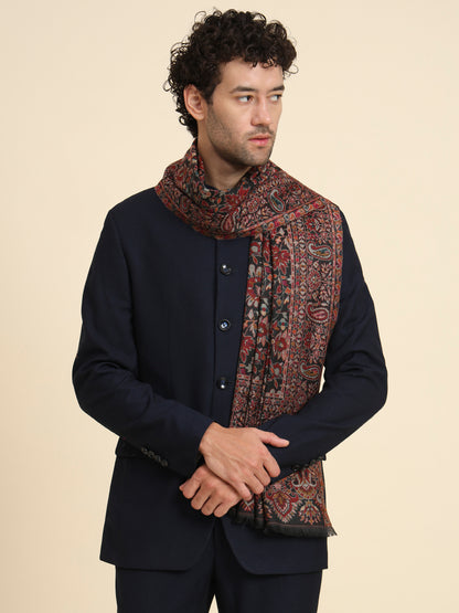 Kani Weave Woven Shawl for Men in Cutting with Floral Patterns | Black