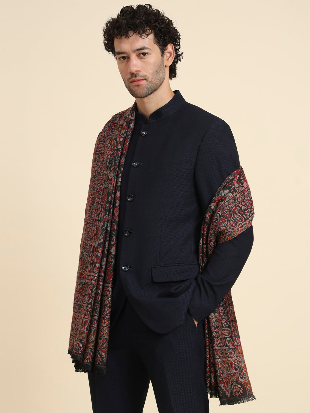 Kani Weave Woven Shawl for Men in Cutting with Floral Patterns | Black