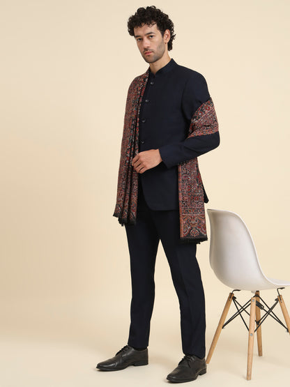 Kani Weave Woven Shawl for Men in Cutting with Floral Patterns | Black