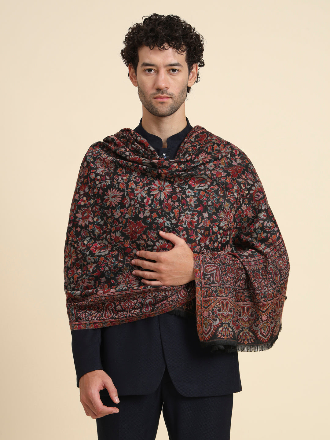 Kani Weave Woven Shawl for Men in Cutting with Floral Patterns | Black