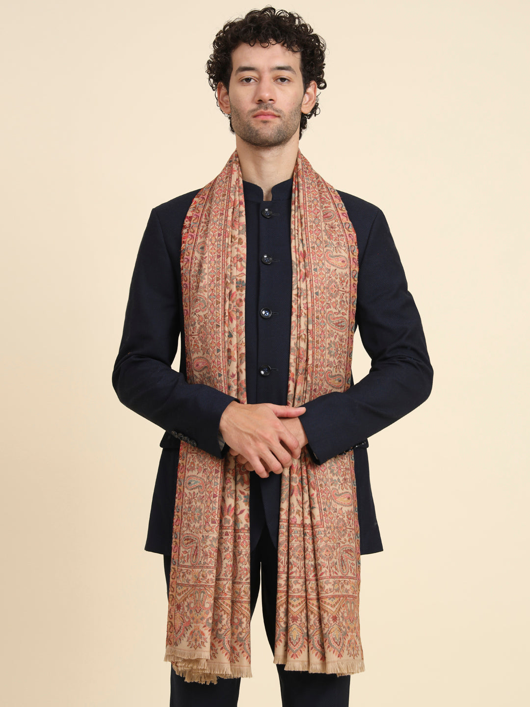 Kani Weave Woven Shawl for Men in Cutting with Floral Patterns | Brown