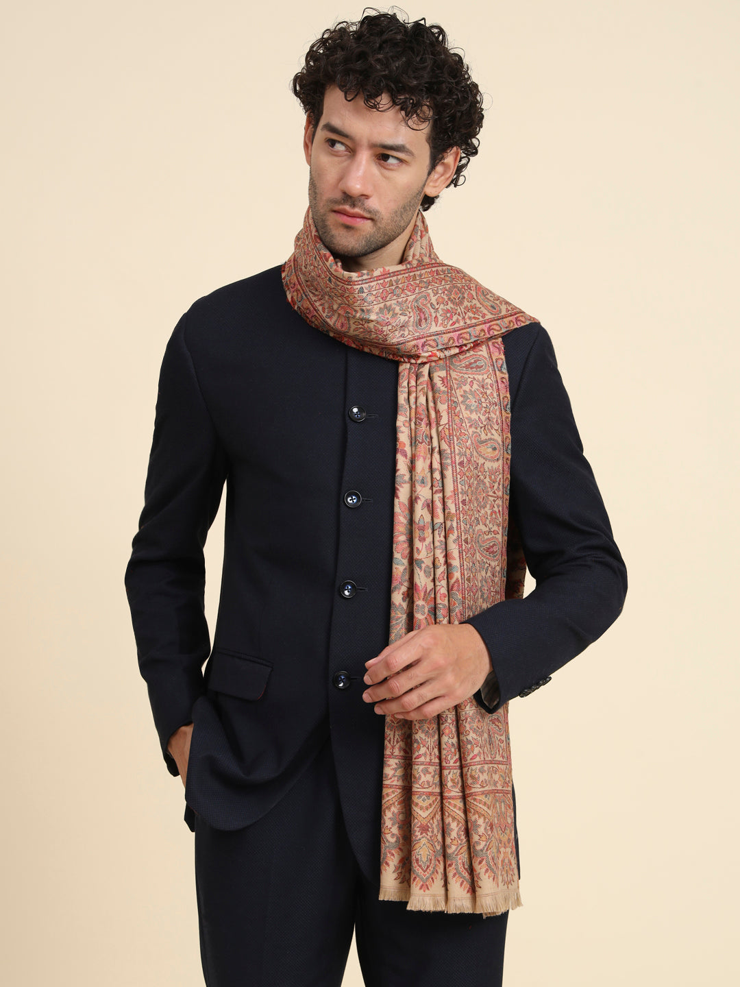 Kani Weave Woven Shawl for Men in Cutting with Floral Patterns | Brown