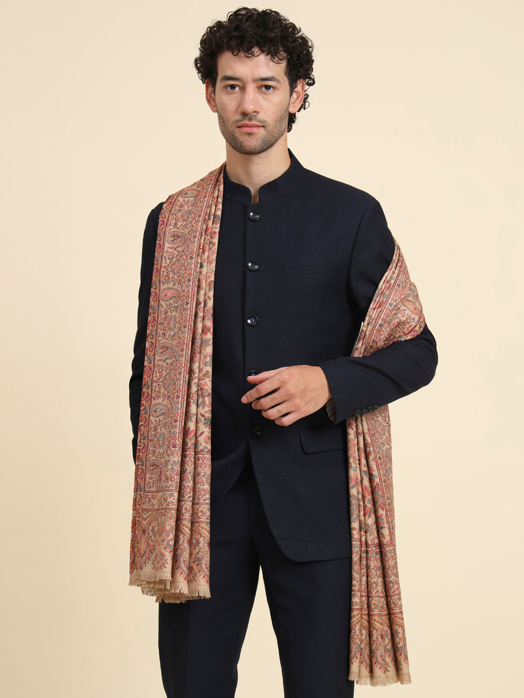 Kani Weave Woven Shawl for Men in Cutting with Floral Patterns | Brown
