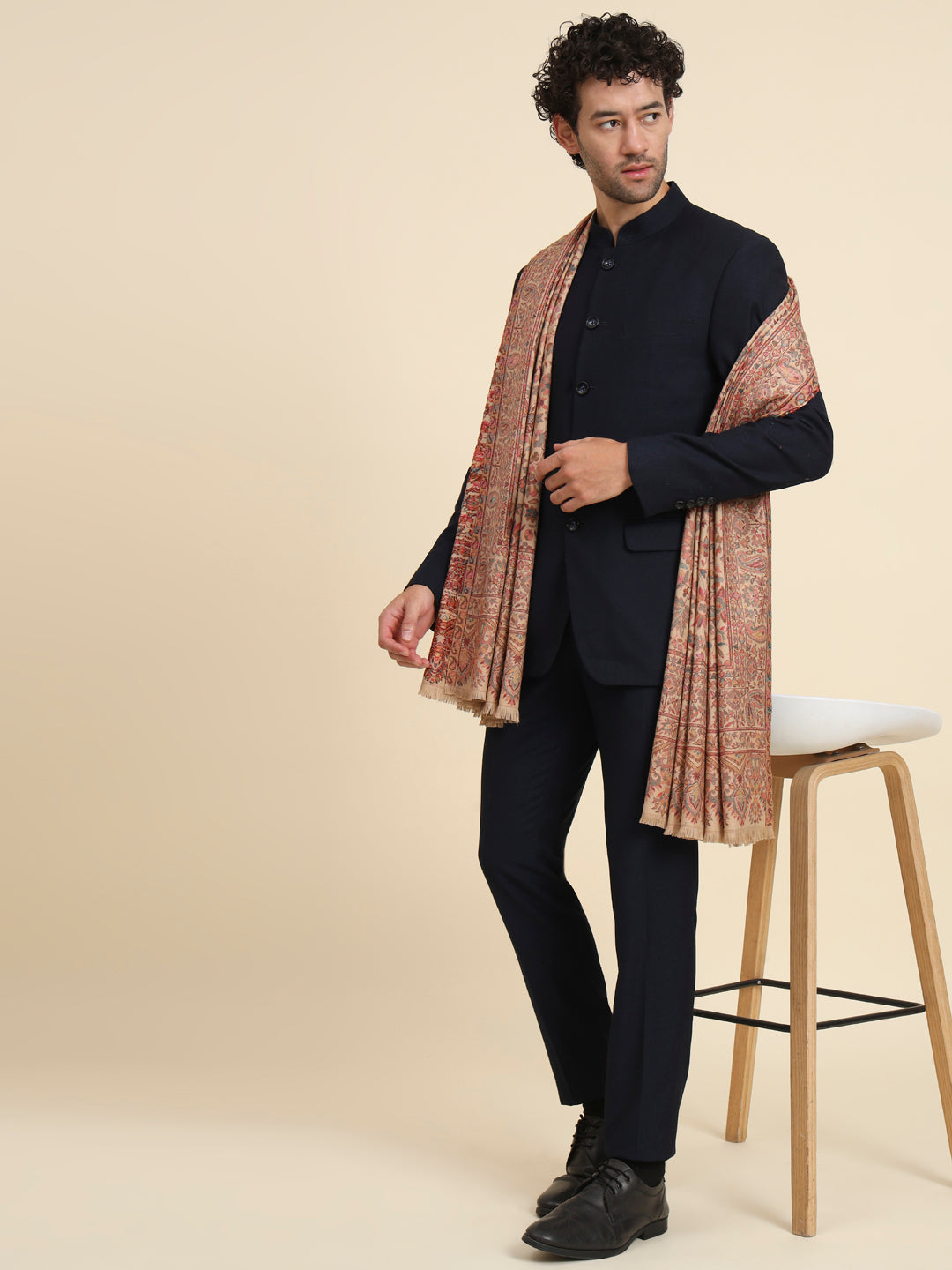 Kani Weave Woven Shawl for Men in Cutting with Floral Patterns | Brown