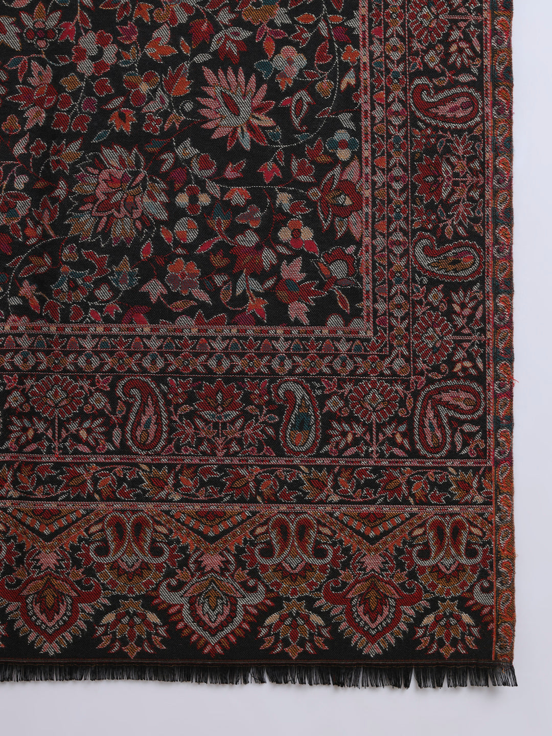 Kani Weave Woven Shawl for Men in Cutting with Floral Patterns | Black