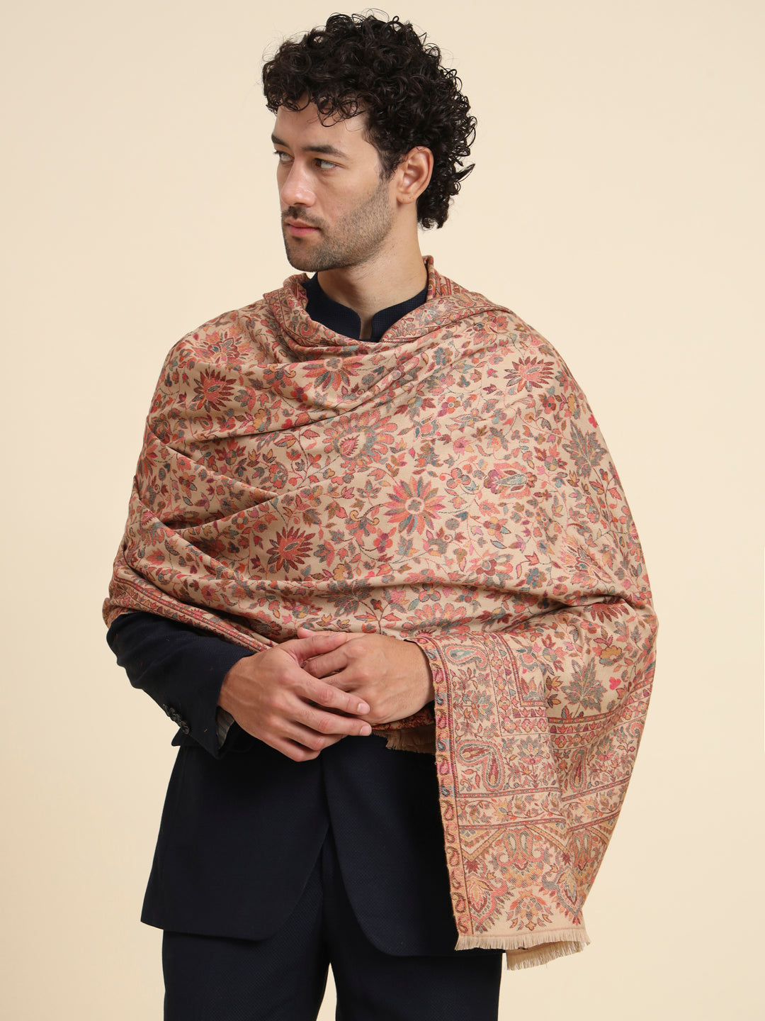 Kani Weave Woven Shawl for Men in Cutting with Floral Patterns | Brown
