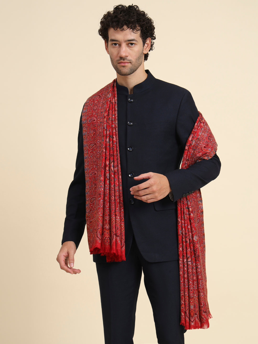 Kani Weave Woven Shawl for Men in Cutting with Floral Patterns | Maroon