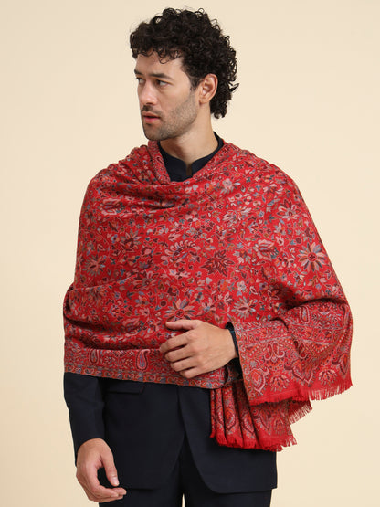 Kani Weave Woven Shawl for Men in Cutting with Floral Patterns | Maroon