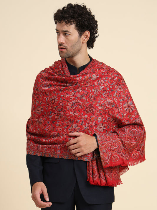 Kani Weave Woven Shawl for Men in Cutting with Floral Patterns | Maroon