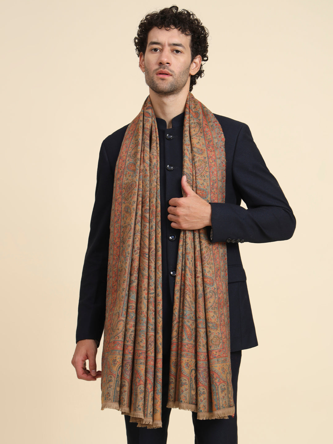 Kani Weave Woven Floral Shawl for Men  in Traditional Kashmiri Design | Brown