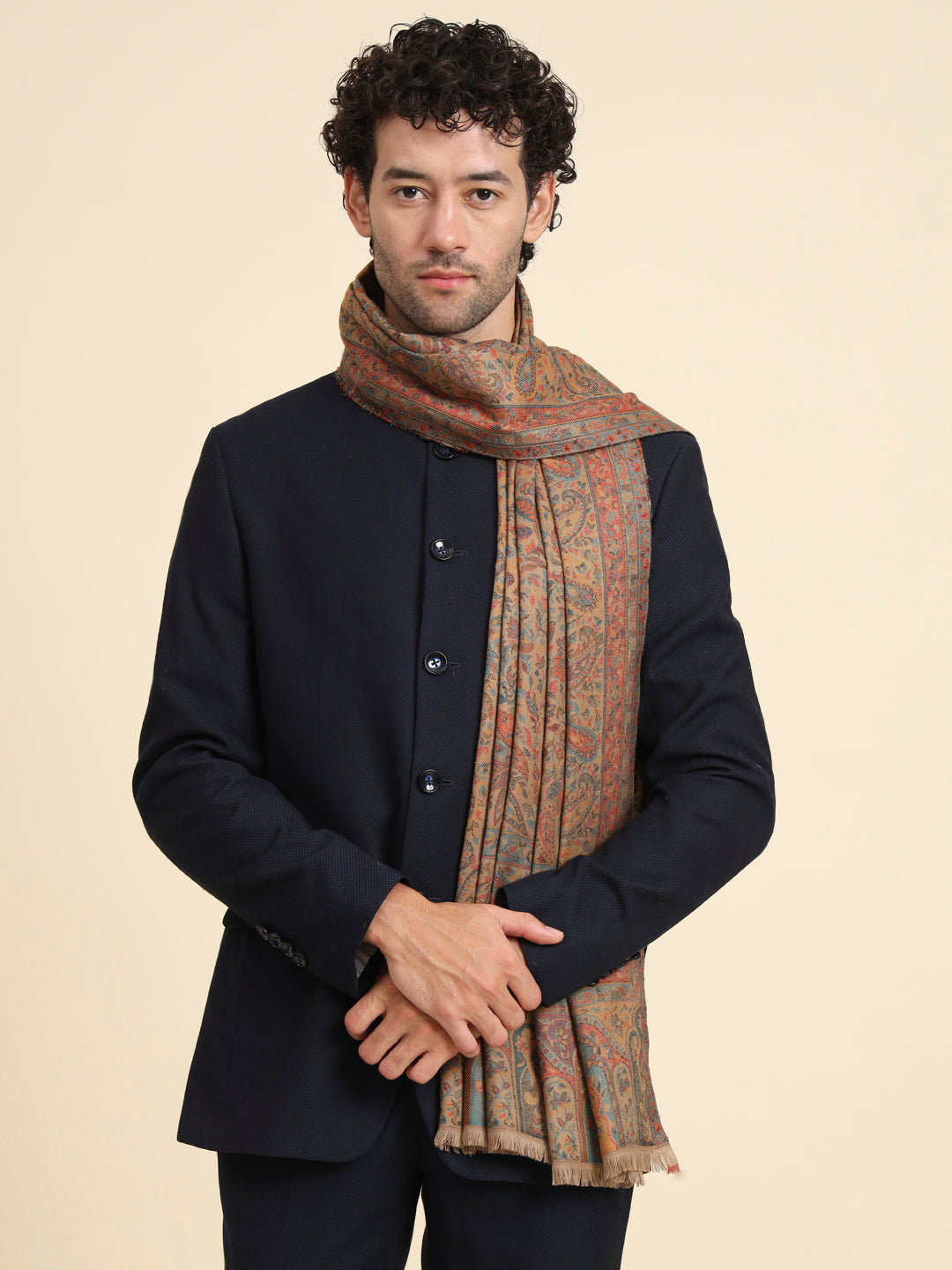 Kani Weave Woven Floral Shawl for Men  in Traditional Kashmiri Design | Brown