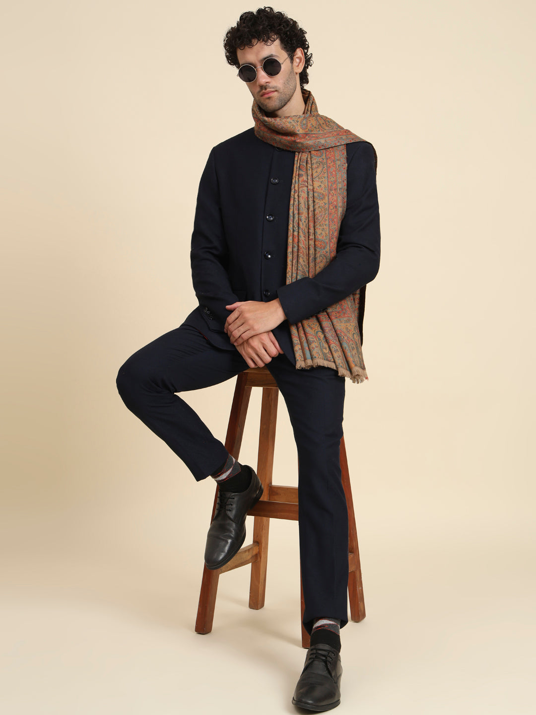 Kani Weave Woven Floral Shawl for Men  in Traditional Kashmiri Design | Brown
