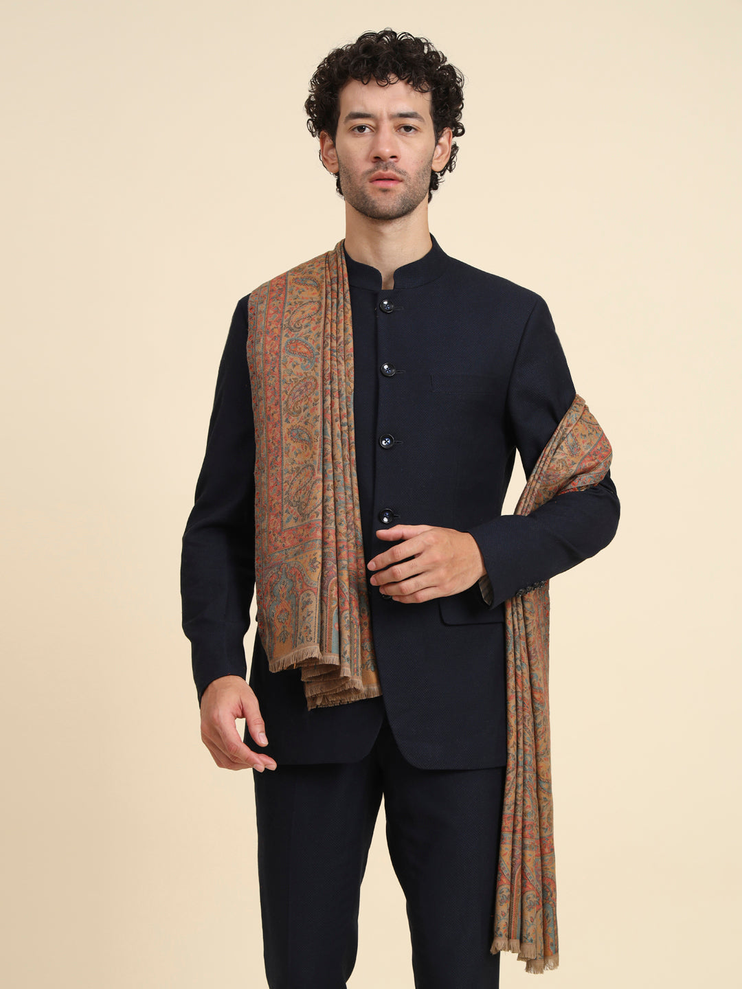 Kani Weave Woven Floral Shawl for Men  in Traditional Kashmiri Design | Brown