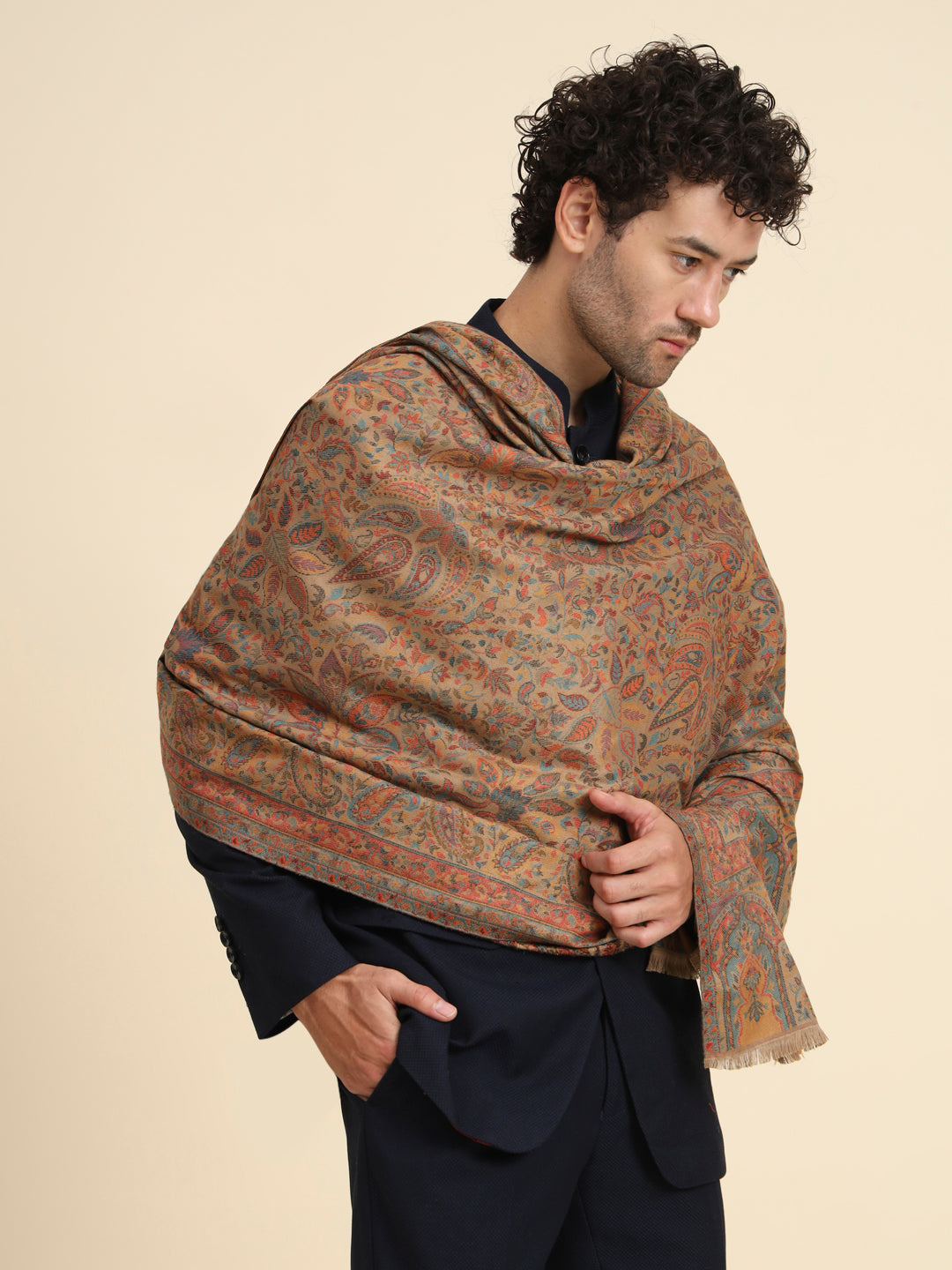 Kani Weave Woven Floral Shawl for Men  in Traditional Kashmiri Design | Brown