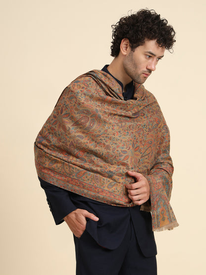 Kani Weave Woven Floral Shawl for Men  in Traditional Kashmiri Design | Brown