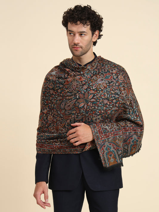 Kani Weave Woven Floral Shawl for Men  in Traditional Kashmiri Design | Black